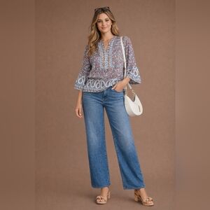 Women’s Boho Floral Tunic Blouse Size Small Blue Rust Bell Sleeve Peasant Top